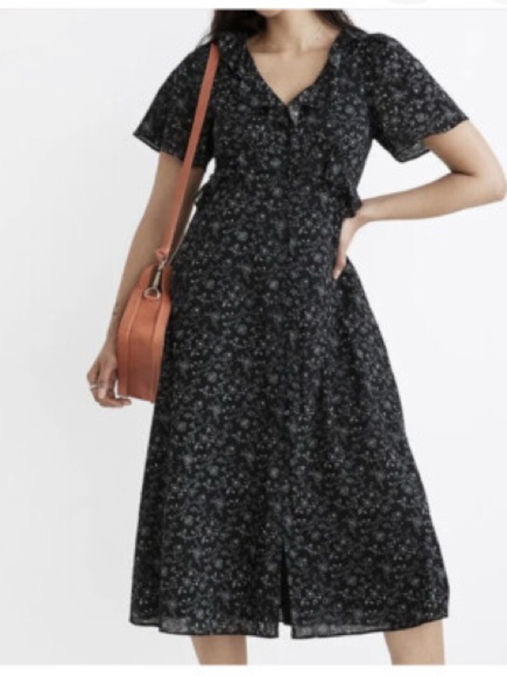 Madewell Black Floral Button-Front Midi Dress size 10 short sleeve cotton blend